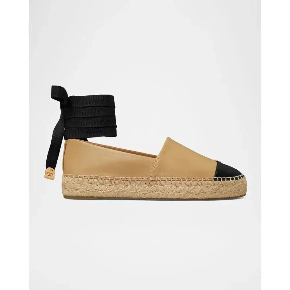 New Tory Burch Bicolor Leather Ankle-Wrap Espadrilles Shoes Size 10.5